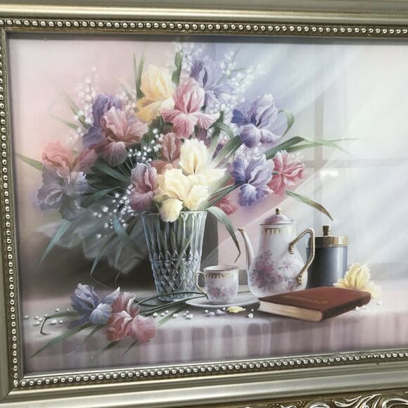 Ornate Framed Print Romantic Floral Tea Set Lavender Pink Wall Decor 11" x 13" - Picture 2 of 4